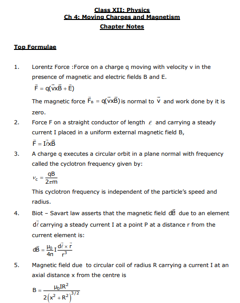 Class 12 Physics Notes - Moving Charges and Magnetism