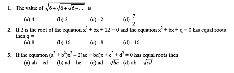 CBSE Class 10 Mathematics Quadratic Equations MCQs Set B