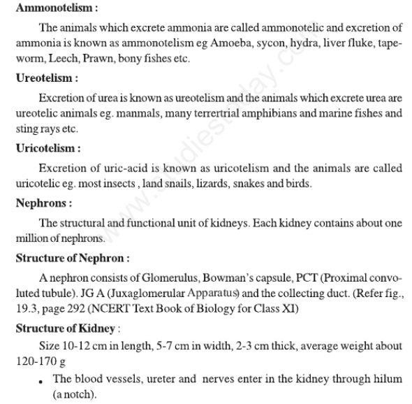CBSE Class 11 Biology Excretory Products and Their Elimination Concepts