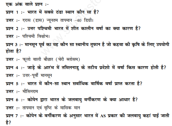 CBSE Class 11 Geography Climate Hindi Assignment
