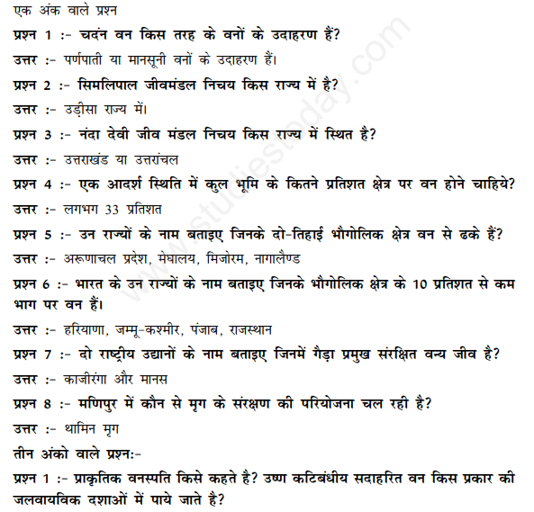 CBSE Class 11 Geography Natural Vegetation Hindi Assignment