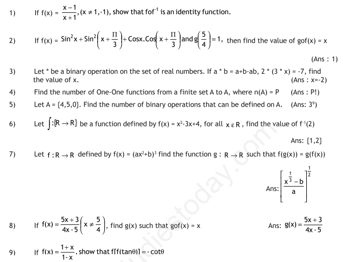 CBSE Class 12 Mathematics Relations And Functions Assignment Set B