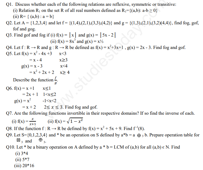 CBSE Class 12 Mathematics Relations And Functions Assignment Set F