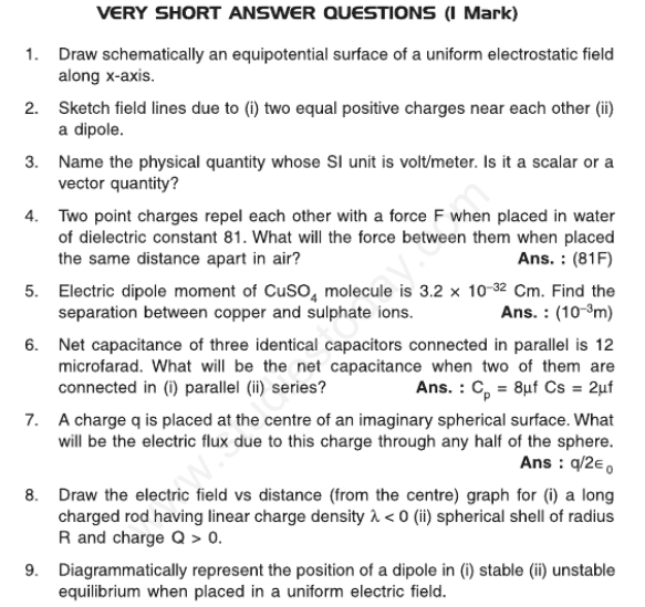 CBSE Class 12 Physics Electrostatics Notes and Questions