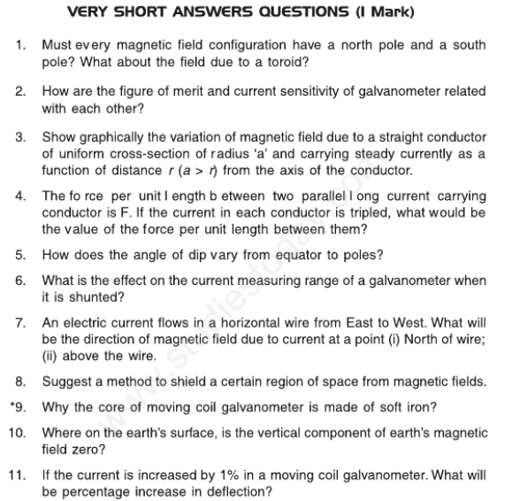 CBSE Class 12 Physics Magnetic Effects of Current Assignment