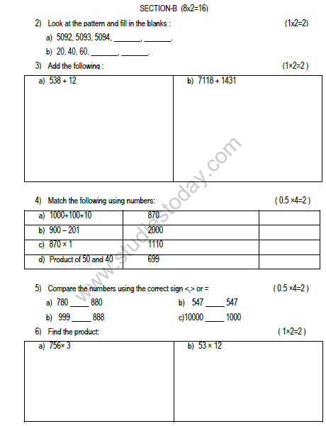 CBSE Class 3 Maths Sample Paper Set H