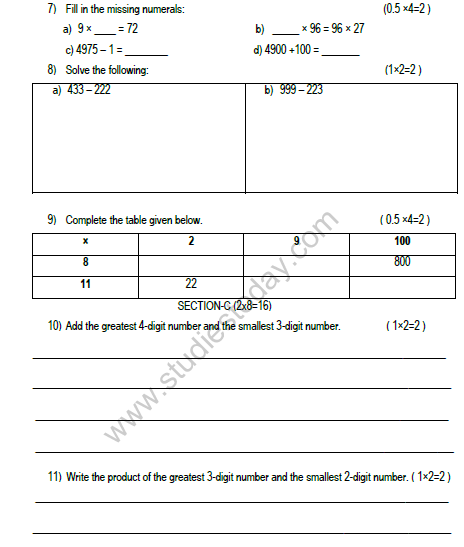 CBSE Class 3 Maths Sample Paper Set H
