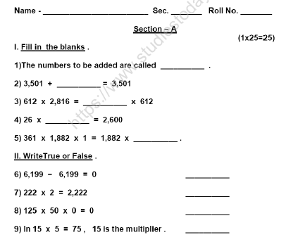 CBSE Class 3 Mathematics Sample Paper Set M