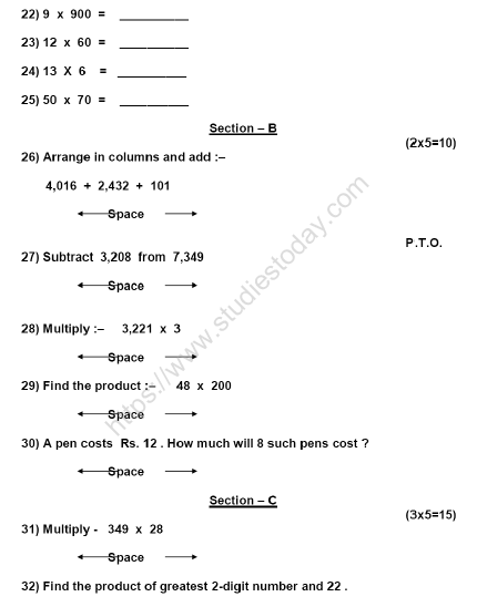 CBSE Class 3 Mathematics Sample Paper Set M