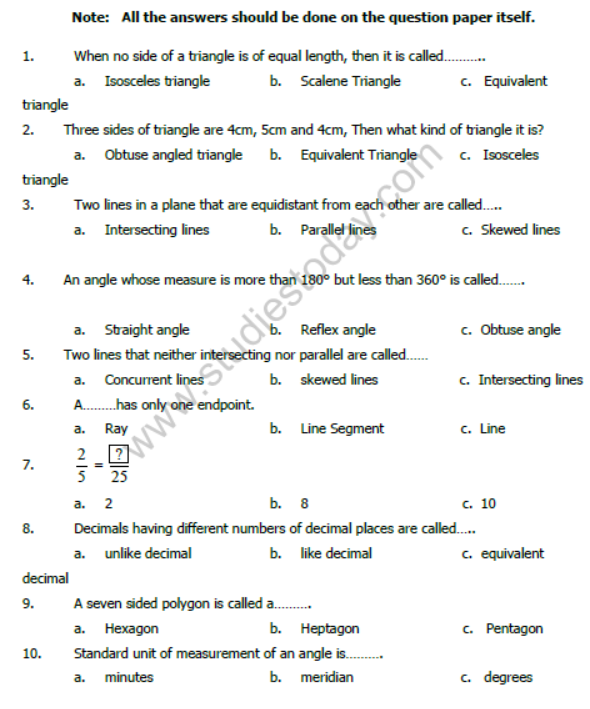 CBSE Class 6 Mathematics Sample Paper Set F