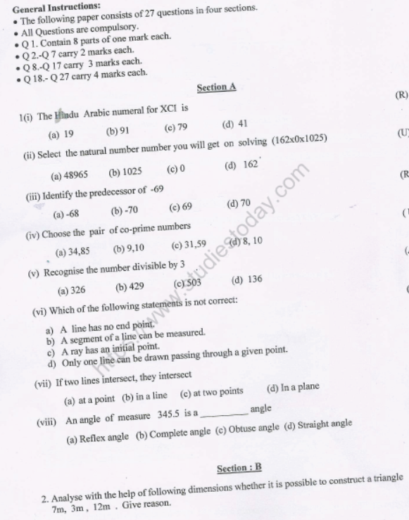 CBSE Class 6 Mathematics Sample Paper Set R