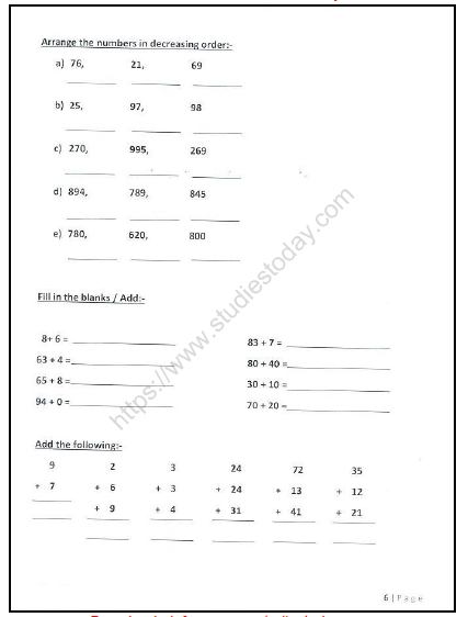 CBSE Class 2 Maths Practice Worksheets (125) - Revision 6