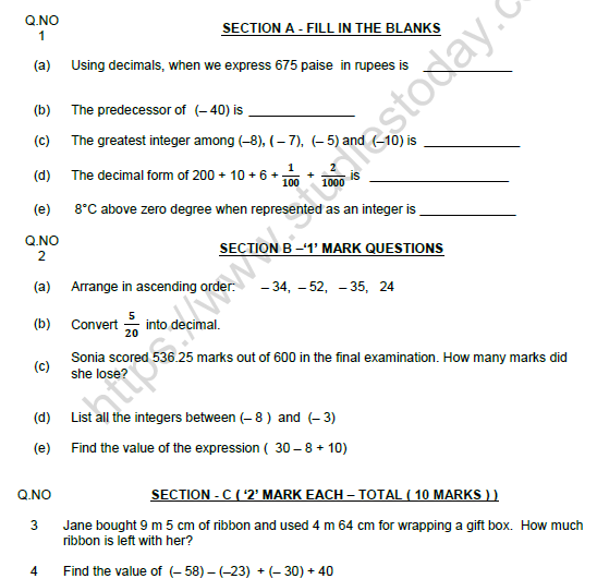 CBSE Class 6 Mathematics Worksheet Set N Solved 1