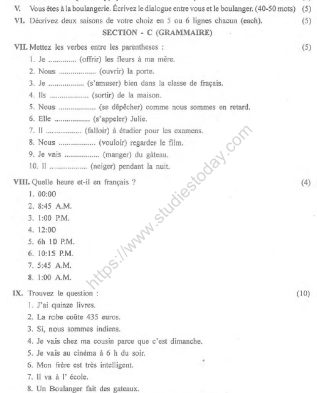 CBSE Class 8 French Sample Paper Set H