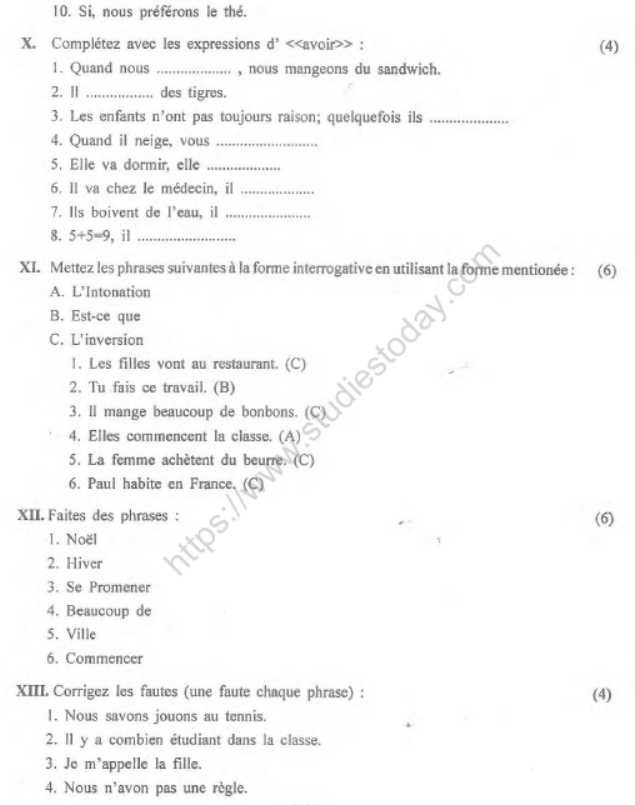 CBSE Class 8 French Sample Paper Set H