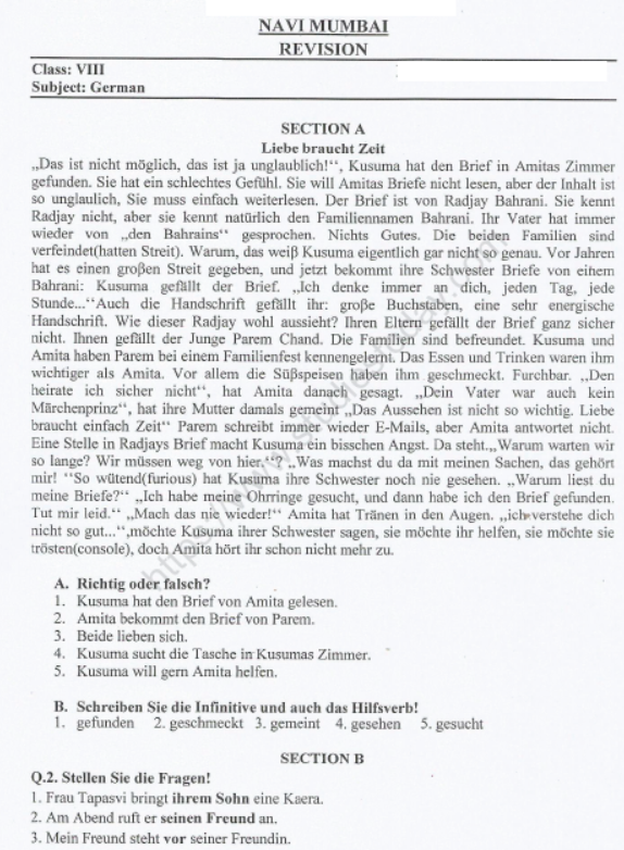 CBSE Class 8 German Sample Paper Set A
