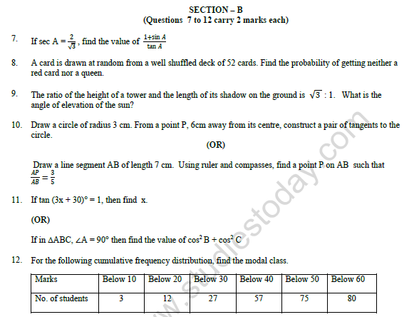 CBSE Class 10 Mathematics Question Paper 2022 Set A 2