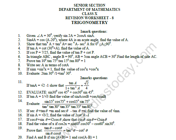 CBSE Class 10 Mathematics Trignometry Printable Worksheet Set E 1