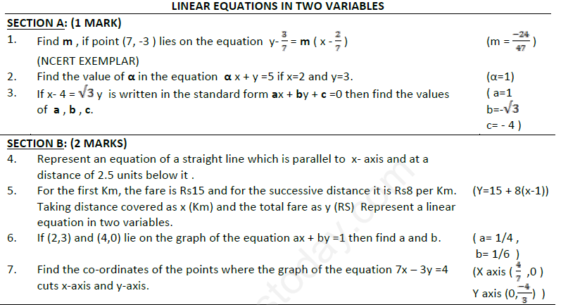 CBSE Class 9 Linear Equations in two variables Assignment 4