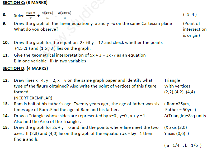 CBSE Class 9 Linear Equations in two variables Assignment 4