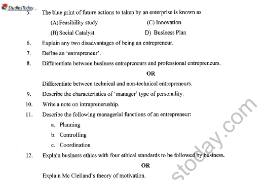 CBSE Class 11 Entrepreneurship Question Paper Set F Solved 2