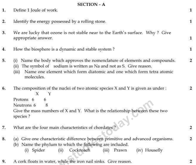 CBSE Class 9 Science Sample Paper Set X