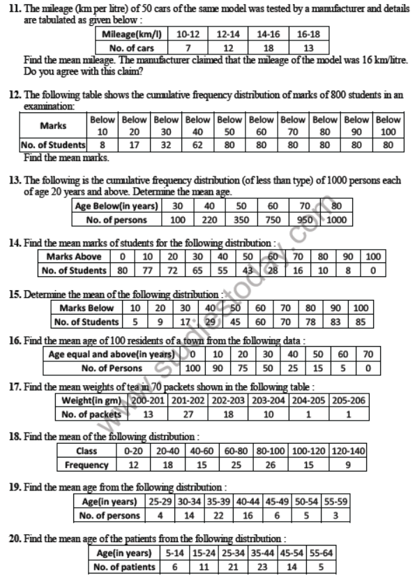 CBSE Class 10 Statistics Sure Shot Questions Set A