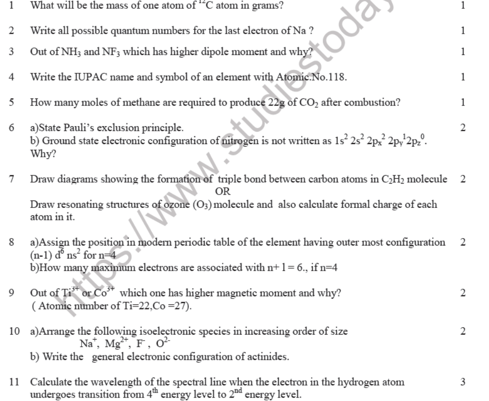CBSE Class 11 Chemistry Question Paper Set N