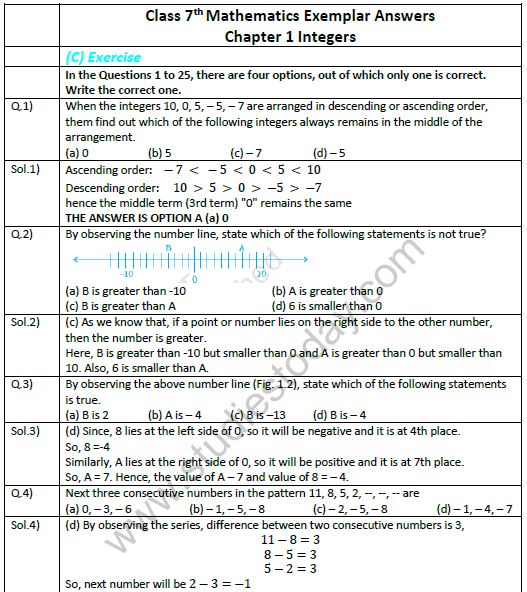 class 7 maths integers exemplar solutions