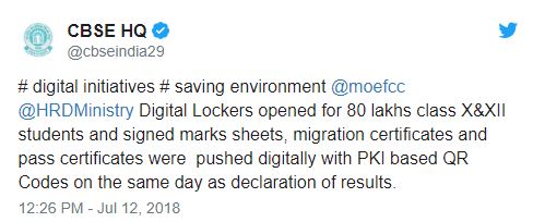 tweet by CBSE on digital mark sheets