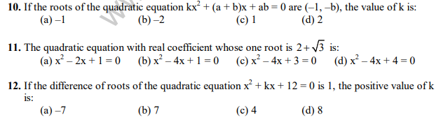 CBSE Class 10 Quadratic Equations MCQs Set C Multiple Choice Questions For Quadratic Equation