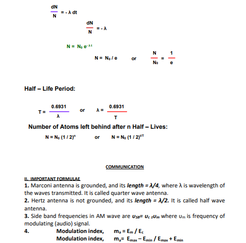 Class 12 Physics Formulae Atoms and Nuclei