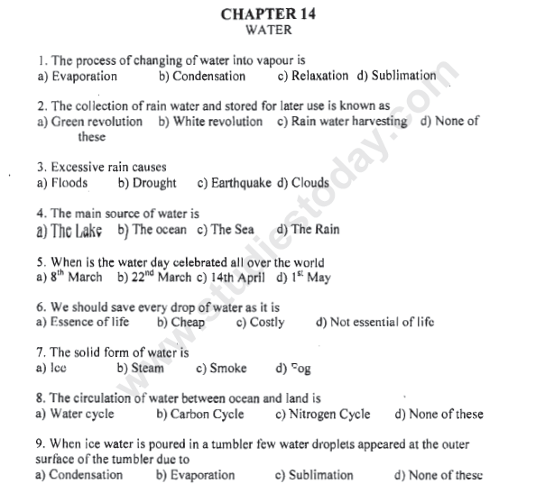  Class 6 Science Water MCQs
