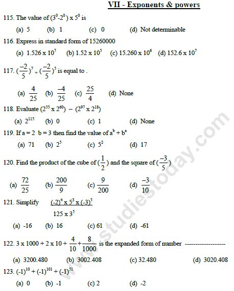 cbse class 7 mathematics exponents and powers mcqs multiple choice