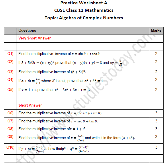 CBSE Class 11 Maths Algebra of Complex Numbers Worksheet Set A