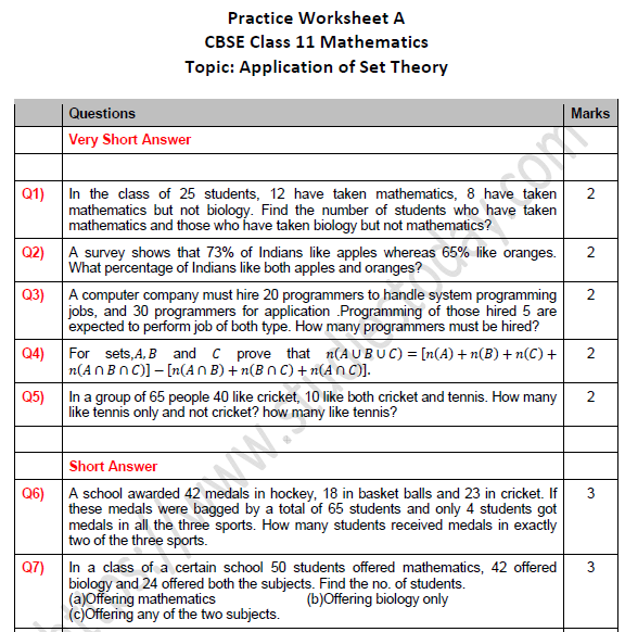 CBSE Class 11 Maths Application of Set Theory Worksheet Set A