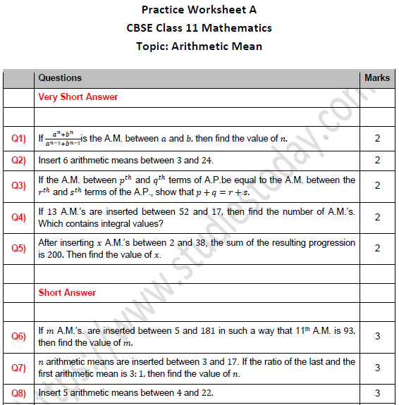 CBSE Class 11 Maths Arithmetic Mean Worksheet Set A