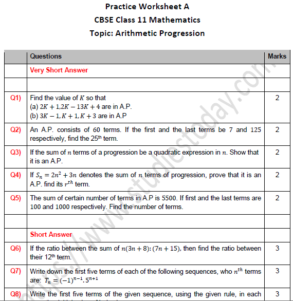 CBSE Class 11 Maths Arithmetic Progression Worksheet Set A