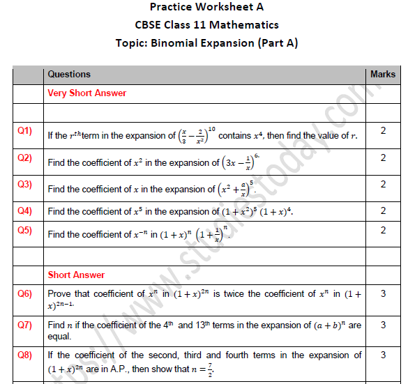 CBSE Class 11 Maths Binomial Expansion Worksheet Set A