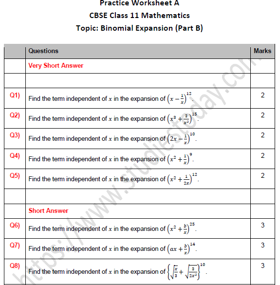 CBSE Class 11 Maths Binomial Expansion Worksheet Set B
