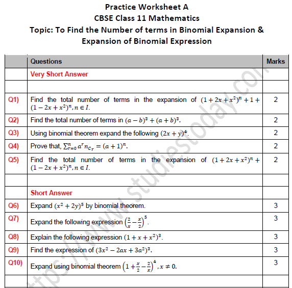 CBSE Class 11 Maths Binomial Expansion and Expansion of Binomial Expression Worksheet Set A