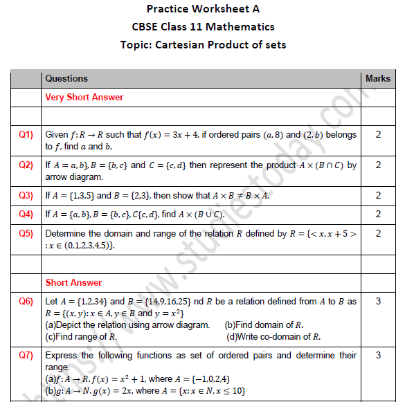 CBSE Class 11 Maths Cartesian Product of Sets Worksheet Set A