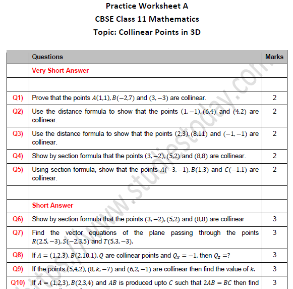 CBSE Class 11 Maths Collinear Points in 3D Worksheet Set A