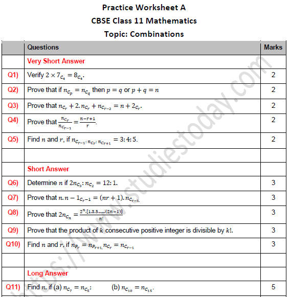 CBSE Class 11 Maths Combinations Worksheet Set A