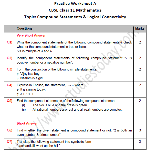 CBSE Class 11 Maths Compound Statements and Logical Connectivity Worksheet Set A