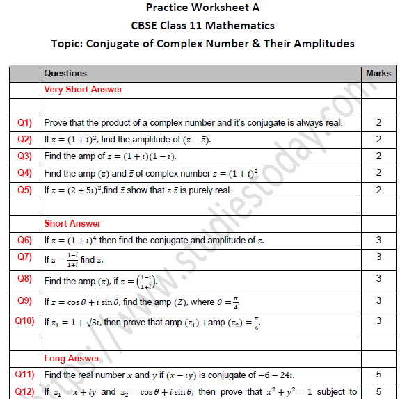 CBSE Class 11 Maths Conjugate of Complex Number and Their Amplitudes Worksheet Set A