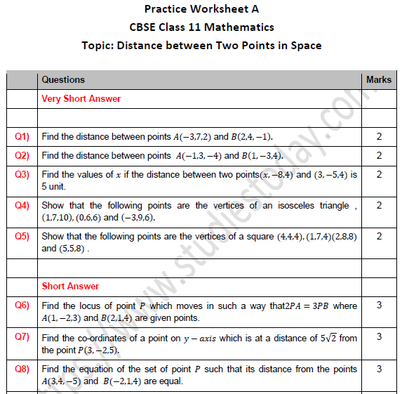 CBSE Class 11 Maths Distance between Two Points in Space Worksheet Set A