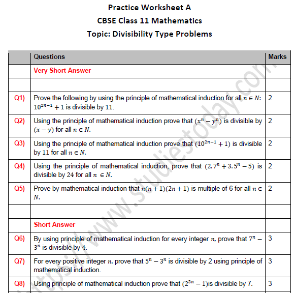 CBSE Class 11 Maths Divisibility Type Problems Worksheet Set A