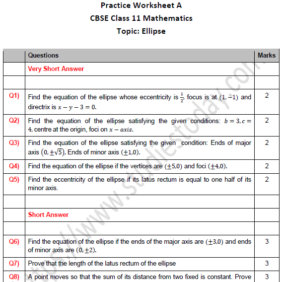 CBSE Class 11 Maths Ellipse Worksheet Set A