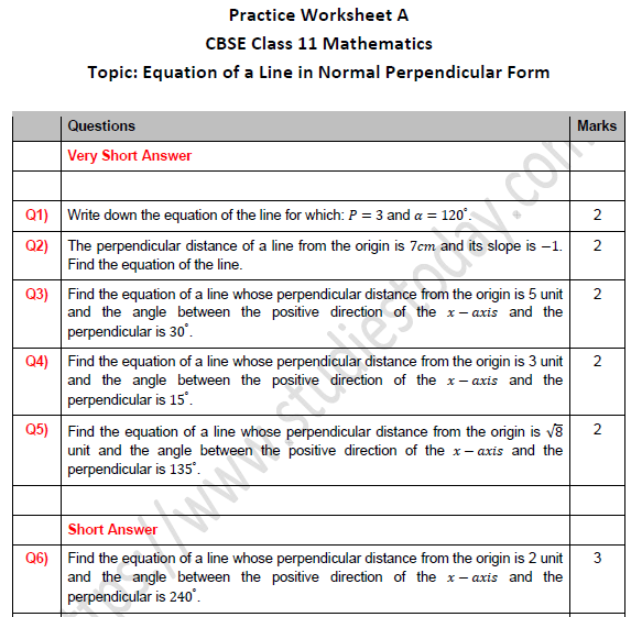 CBSE Class 11 Maths Equation of a Line in Normal Perpendicular Form Worksheet Set A